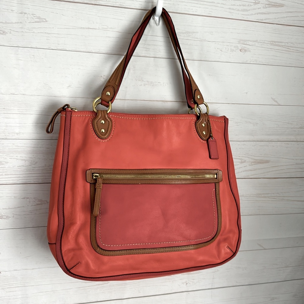 COACH East West 22430 Poppy Colorblock Hattie Sun Orange Leather Tote Flaws - Picture 2 of 10